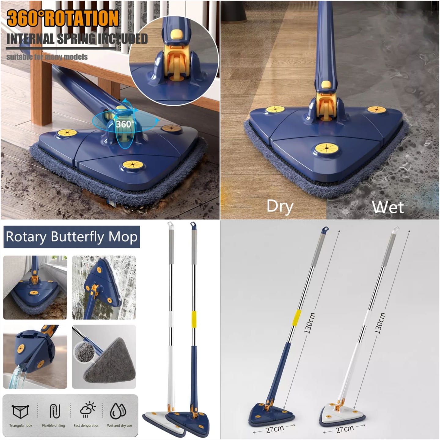 Extended Triangular Mop 360  Rotatable Twist Squeeze Wringing